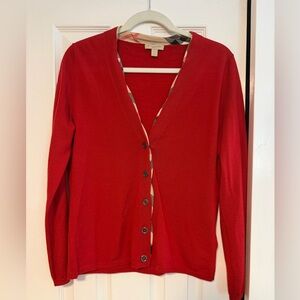 Burberry Brit Red Button Cardigan — L — Signature Check Trim cashmire/wool